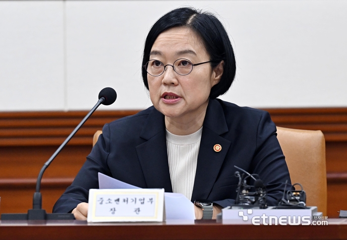 한성숙 중소벤처기업부 장관이 3일 서울 종로구 정부서울청사에서 열린 경제관계장관회의 겸 산업경쟁력강화 관계장관회의에서 모두발언하고 있다.  이동근기자 foto@etnews.com