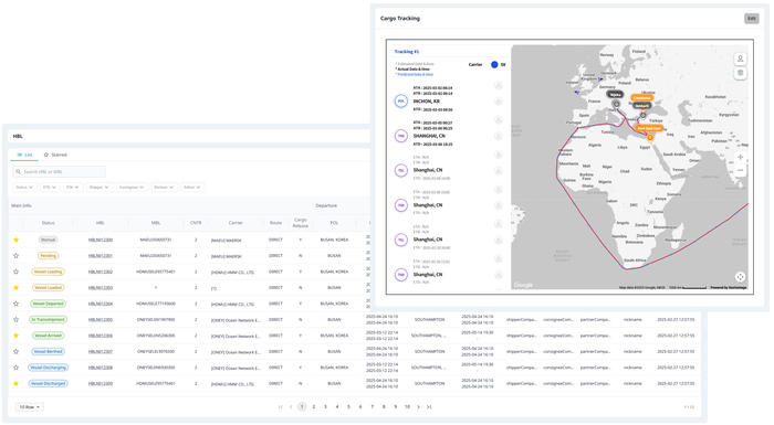 화물 목록과 선박 위치를 연동해 실시간 해상운송 경로와 상태를 추적할 수 있는 대시보드 화면