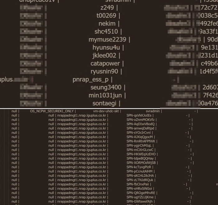 프랙이 공개한 자료에 나온 국내 보안기업 P사의 시스템 접근 및 계정관리 솔루션 계정정보.  아래는 LG유플러스 내부 도메인 목록이다.