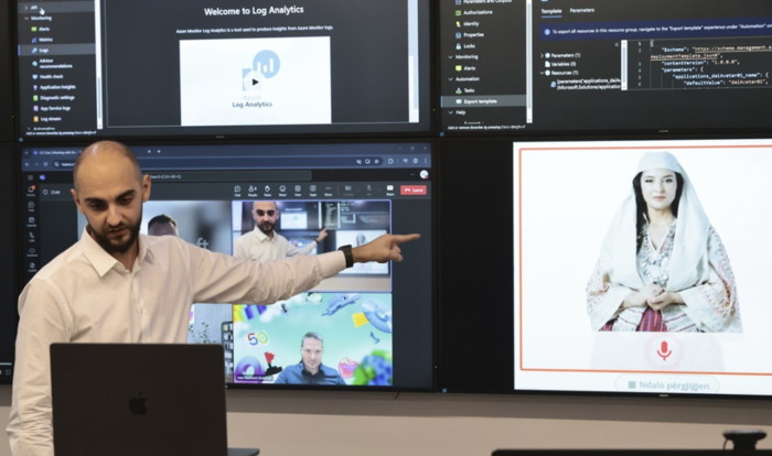 알바니아의 에니오 카소 인공지능 및 암호화폐 허가부 장관이 12일(현지시간) 컨퍼런스콜에서 AI 장관 '디엘라'를 보여주고 있다. 사진=AP 연합뉴스