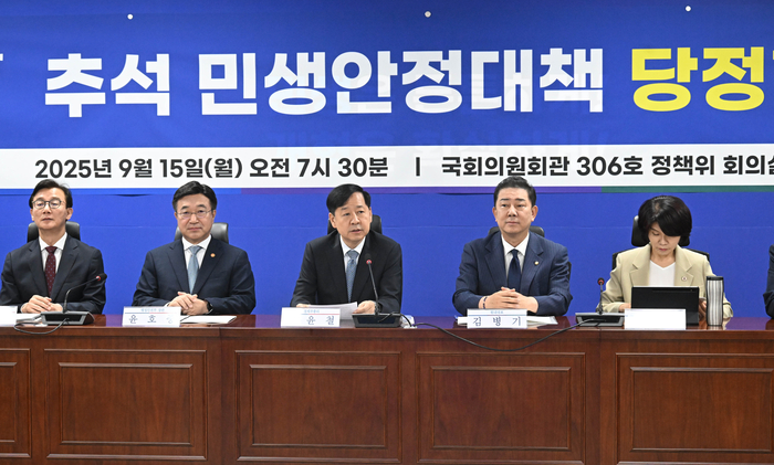 구윤철 부총리(가운데)가 15일 국회 당정협의 모두발언에서 주식 양도세 부과 대주주 기준을 현행대로 유지하겠다고 밝혔다.[기재부 제공]