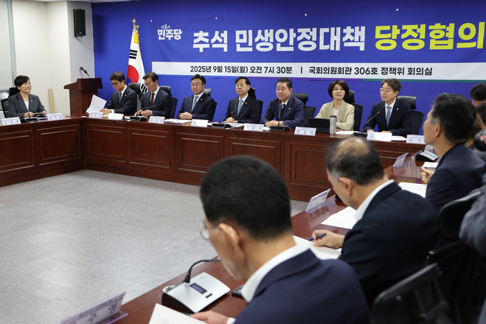 더불어민주당 김병기 원내대표가 15일 서울 여의도 국회에서 열린 '추석 민생안정대책 당정협의'에서 발언하고 있다. 연합뉴스