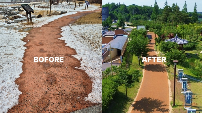 흥 신천근린공원 사례. 기존 고무 바닥재를 철거하고 친환경 코르크 바닥재로 교체하여 경관과 안전성을 동시에 확보함. 사진=경기도