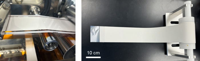 코마 코터를 사용한 대면적 고체전해질막 제조 공정(인쪽), 롤 형태로 제조된 대면적 고체전해질막.