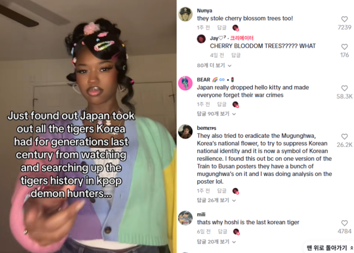 넷플릭스 애니메이션 영화 '케이팝 데몬 헌터스' 속 호랑이 캐릭터 '더피'로 인해 한국 호랑이 멸종의 이유를 알아보게 됐다는 틱톡커 영상. 사진=틱톡(merajorphosis) 캡처