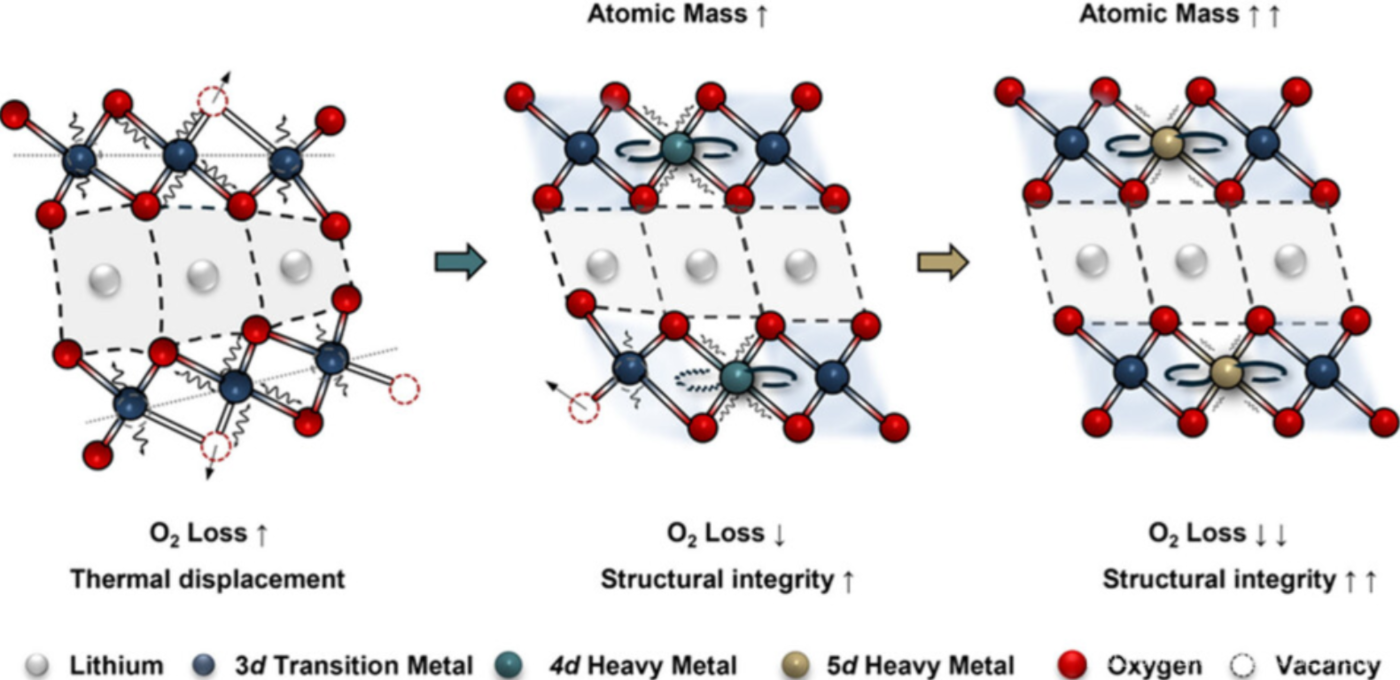 왼쪽 그림은 일반적인 층상 구조를 보여주며, 이 경우 원자들의 진동으로 인해 구조가 쉽게 뒤틀리고 산소가 격자 밖으로 빠져나가기 쉬움. 그러나 오른쪽으로 갈수록 무거운 원소인 Nb와 Ta가 도입되면서 원자 진동이 줄어들어 구조의 뒤틀림이 완화되고, 동시에 무거운 원소가 산소를 강하게 붙잡아 격자 내부에 안정적으로 머물게 함. 이와 같은 효과는 산소 손실을 억제하고 전체 구조를 더욱 안정화하는데 중요한 역할을 함.