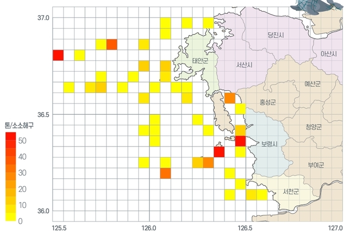 충남연구원이 작성한 충남 침적 해양 폐기물 분포 지도