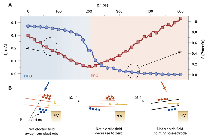 초고속 광전류 분광법으로 음성 광전도에서 양성 광전도로의 전환을 피코초 단위에서 관찰한 연구 이미지