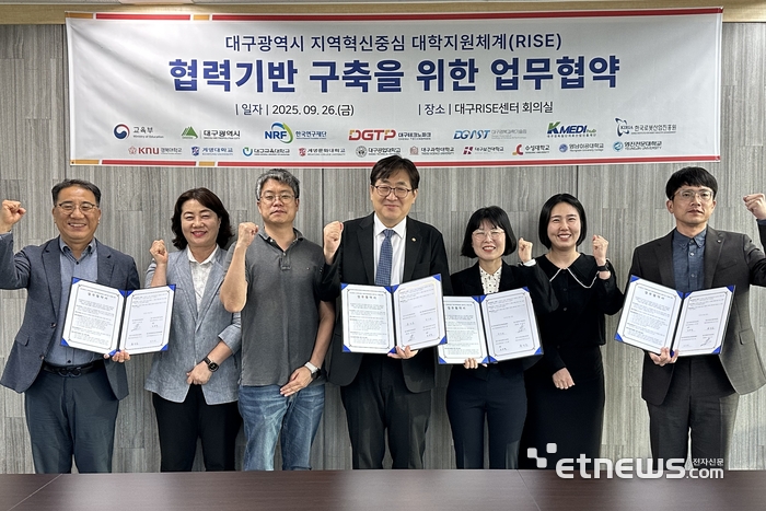 대구RISE센터가 지산학연 거버넌스 체계 구축을 위한 업무협약을 맺었다.(왼쪽부터) 최정건 대구테크노파크 대구라이즈사업본부장, 정희숙 협력관(대구테크노파크 대구라이즈사업본부), 오택수 정책기획실장(한국로봇산업진흥원), 류지호 본부장(한국로봇산업진흥원), 박은희 혁신성장부장(대구경북첨단의료산업진흥재단), 변정원 기업지원서비스팀장(대구경북첨단의료산업진흥재단), 임성혁 연구지원팀장(대구경북과학기술원)