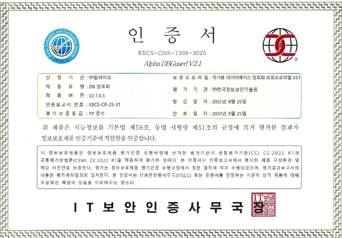 알파비트, Alpha DBGuard V2.1 최신 국가용 보호프로파일 V3.1 기준 국제 CC 인증 획득