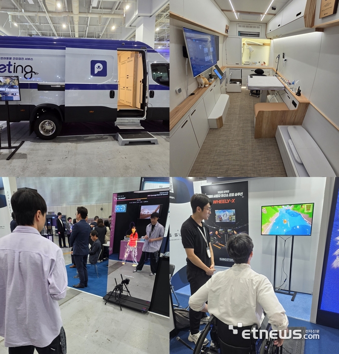 펠즈가 선보인 '펫팅' 외부와 펫팅 내부모습, 캥스터즈의 'WHEELY-X',  ADAM의 AI스마트미러(왼쪽 위부터 시계방향). 김동성 기자