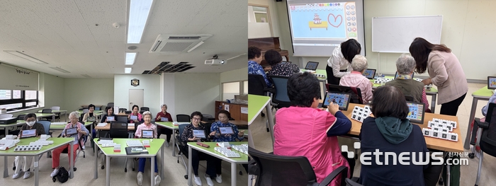 이천시노인종합복지관이 최근 AI플레도 교구를 활용해 그림책 만들기를 하는 모습.