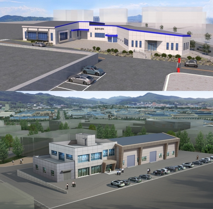 김해시가 조성하는 미래자동차 기술혁신단지 핵심 인프라인 미래모빌리티 열관리 기술제원센터(위)와 초안전 주행플랫폼 기술지원센터 조감도.