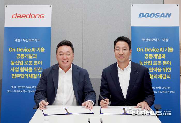 원유현 대동 대표와 김민표 두산로보틱스 대표가 '온디바이스 AI 기술 공동 개발 및 농산업 로봇 분야 사업 협력을 위한 MOU를 체결하고 있다.