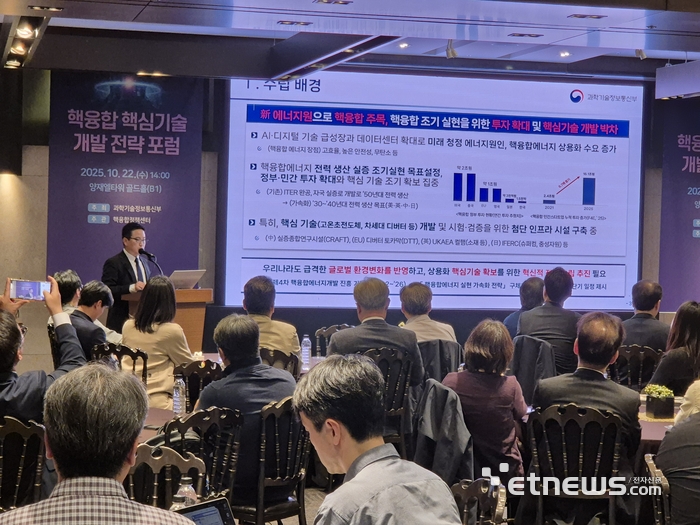 김태영 과기정통부 미래에너지환경기술과장(단상)이 핵융합 핵심기술 개발 로드맵(안)을 발표하고 있다.