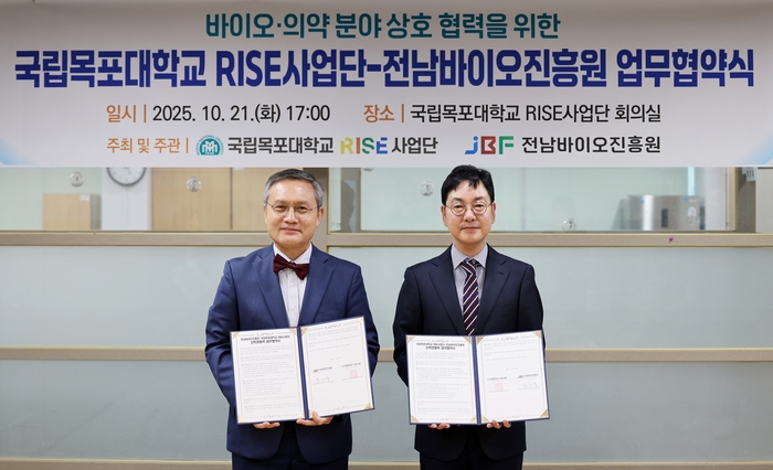 박진우 국립목포대 RISE사업단 지역산업연구센터 바이오·의약 분야 부장교수(왼쪽)와 윤호열 전남바이오진흥원 원장이 21일 '첨단 바이오·의약 산업의 성장 동력 확보 및 미래 인재 양성을 위한 산학협력 협약'을 체결했다.
