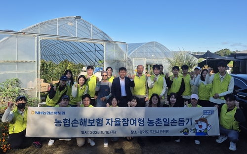 16일 경기 포천군 관인면에서 NH농협손해보험 임직원들이 농촌일손돕기 기념촬영을 하고 있다.(사진=농협손보)