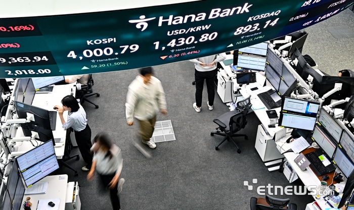 27일 코스피가 개인과 외국인의 매수세에 힘입어 사상 처음으로 장중 4000선을 돌파했다. 전장보다 58.20포인트 오른 3999.79로 출발한 코스피는 상승폭을 키우며 오전 한때 4038.39까지 기록했다. 서울 중구 하나은행 딜링룸에서 직원이 업무를 보고 있다.  이동근기자 foto@etnews.com