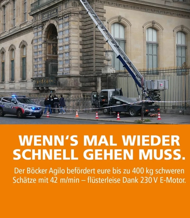 프랑스 루브르 박물관 도난 사건에 사용된 사다리차의 제조사가 범행 현장 사진으로 틈새 마케팅에 나섰다. 사진=엑스(boeckermaschinenwerke) 캡처/AFP 통신