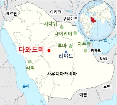 한국전력공사 컨소시엄이 수주한 1500㎿급 사우디아라비야 다와드미 풍력발전 사업 위치. 이미지 출처 : 한국전력공사.