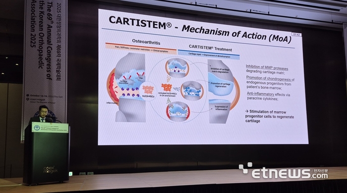 김만수 가톨릭대학교 서울성모병원 교수가 지난 16일부터 18일까지 열린 제69차 대한정형외과 국제학술대회에서 '카티스템' 임상적 가치를 소개하고 있다.