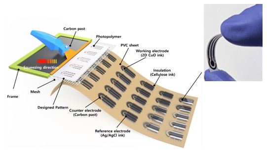 센서 제작을 위한 스크린 인쇄 모식도 및 인쇄 공정으로 개발된 얇고 유연한 식품센서.