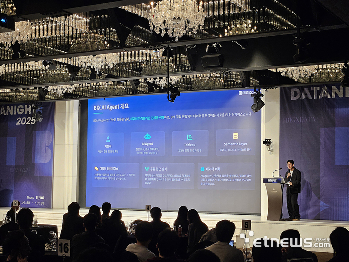 박기열 빅스데이터 팀장이 'Data Night 2025 세미나'에서 'AI가 BI를 만났을 때'라는 주제로 발표하고 있다.