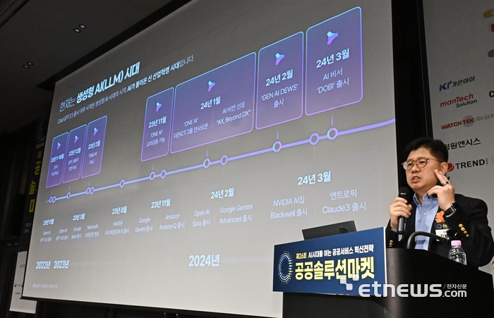 한국IT서비스산업협회와 전자신문이 주최하는 제26회 공공솔루션 마켓이 'AI시대를 여는 공공서비스 혁신전략'을 주제로 14일 서울 강남구 코엑스에서 열렸다. 지용구 더존비즈온 부사장이 '보안과 생산성을 동시에, 프라이빗 AI 기반 업무 자동화 전략'을 주제로 기조 강연하고 있다.  이동근기자 foto@etnews.com