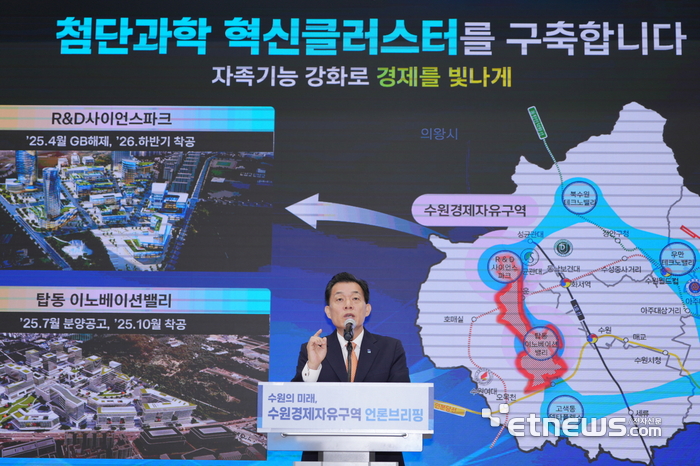 이재준 수원시장이 지난 6월 시청 중회의실에서 수원경제자유구역 언론브리핑을 열고 첨단과학 혁신클러스터에 대해 설명했다.