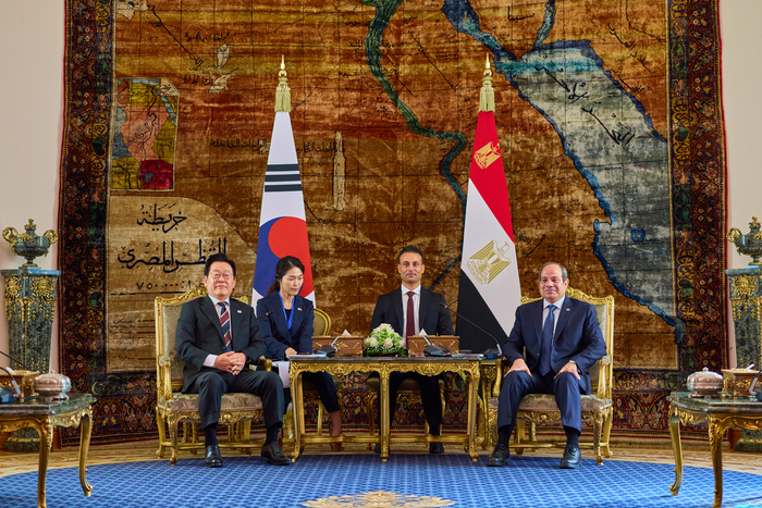 이재명 대통령, 한-이집트 확대회담     (카이로=연합뉴스) 한상균 기자 = 이재명 대통령이 20일(현지시간) 이집트 카이로 대통령궁에서 압델 파타 알시시 이집트 대통령과 한-이집트 확대회담을 하고 있다. 2025.11.20 [공동취재 제공. 재판매 및 DB 금지]     xyz@yna.co.kr (끝)