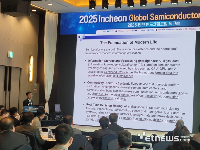 이 성 미국 포틀랜드주립대 교수가 '2025 인천 반도체 글로벌 워크숍'에서 기조강연을 하고 있다.