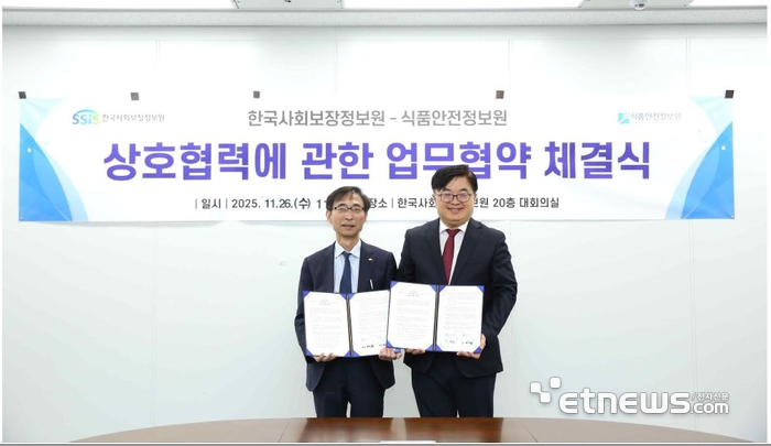 김현준 한국사회보장정보원장(왼쪽)과 이재용 식품안전정보원장이 상호 협력을 위한 업무협약을 체결했다.