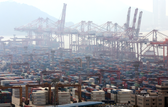 수출입 화물이 쌓여 있는 부산항 신선대부두.[연합뉴스]