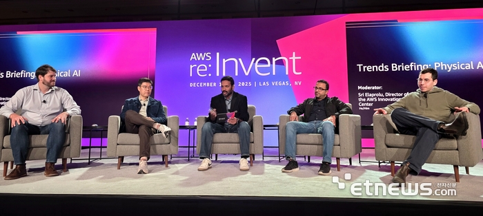 1일 미국 라스베이거스에서 개막한 아마존웹서비스(AWS) 리인벤트 2025에서 '피지컬 AI 트렌드'를 주제로 전문가들이 대담하고 있다. 왼쪽부터 케빈 피터슨 베드록 로보틱스최고기술책임자(CTO) 겸 공동창업자, 류중희 리얼월드 최고경영자(CEO) 겸 창업자, 스리 엘라프롤루 AWS 이노베이션 센터 디렉터, 아미트 고엘 엔비디아 로보틱스 및 엣지 컴퓨팅 에코시스템 총괄, 조쉬 그루엔스타인 튜터 인텔리전스 CEO 겸 공동창업자. [사진=현대인 기자]