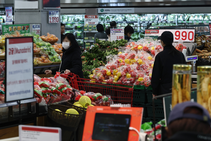 식품물가 5년새 27% 뛰어…고환율에 수입산 과일·생선·고기↑     (서울=연합뉴스) 윤동진 기자 = 먹거리 가격이 지난 5년간 급등하면서 체감 물가를 끌어올리고 있다. 7일 국가데이터처 국가통계포털에 따르면 지난 달 식품물가지수는 2020년을 100으로 했을 때 127.1로 27.1% 상승했다. 사진은 이날 서울의 한 대형마트. 2025.12.7     mon@yna.co.kr (끝)