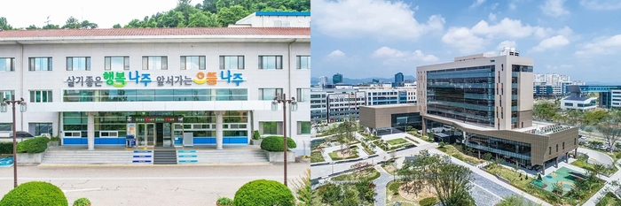 나주시가 혁신도시 이전공공기관인 한국인터넷진흥원과의 협업으로 중소기업 정보보호 관련 예산 23억 원 증액을 이끌어냈다. 사진은 나주시청 전경(왼쪽)과 한국인터넷진흥원 전경.