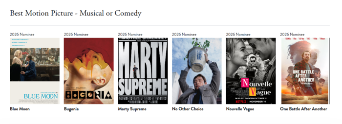 2026 골든글러브 뮤지컬·코미디 영화 부문 최우수 작품상 후보. 사진=골든글로브 웹페이지 캡처