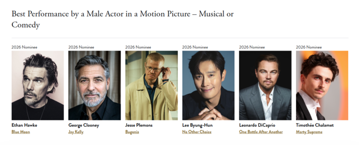2026 골든글러브 뮤지컬·코미디 영화 부문 남우주연상 후보. 사진=골든글로브 웹페이지 캡처