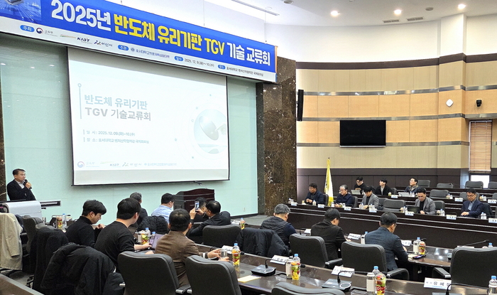 정동철 호서대 반도체특성화대학지원사업단장(맨 왼쪽)이  단상에서 TGV 기반 반도체 패키징을 설명하고 있다.