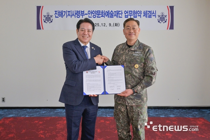 최대호 안양시장(왼쪽)과 한승우 해군 진해기지사령관이 9일 진해기지사령부에서 '근현대 군사 건축유산의 조사·보존 및 연구 기반 마련을 위한 업무협약(MOU)'을 체결하고 기념 촬영했다.