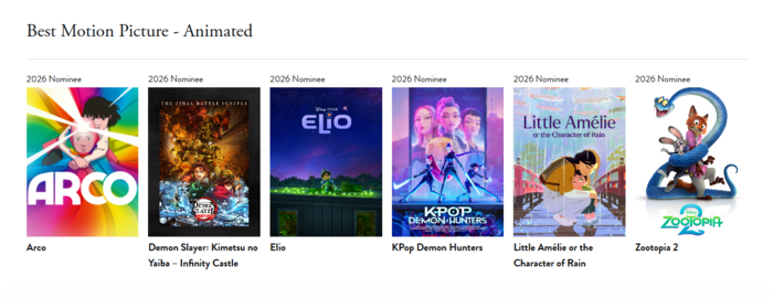 2026 골든글러브 최우수 애니메이션 영화상 후보. 사진=골든글로브 웹페이지 캡처