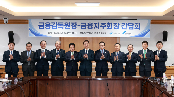 (왼쪽부터) 박충현 금융감독원 은행 부원장보, 김기홍 JB금융지주 회장, 이찬우 농협금융지주 회장, 임종룡 우리금융지주 회장, 함영주 하나금융지주 회장, 이찬진 금융감독원장, 조용병 전국은행연합회장, 진옥동 신한금융지주 회장, 양종희 KB금융지주 회장, 황병우 iM금융지주 회장, 빈대인 BNK금융지주 회장 사진제공=금융감독원