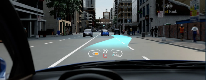 현대모비스와 엔비직스의 자율주행 AR HUD 구현 이미지.