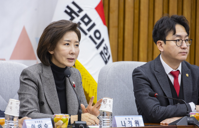 국민의힘 지방선거총괄기획단 위원장인 나경원 의원이 15일 국회에서 열린 지방선거총괄기획단-전국청년지방의원협의회 연석회의에서 오는 2026년 지방선거에서 청년 우대 정책 구상이 담긴 인사말을 하고 있다. 연합뉴스