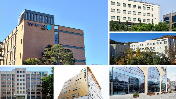 (왼쪽부터 시계 방향)강남대성기숙 의대관, 강남대성 위업, 강남대성 퀘타, 강남대성 SⅡ(대치), 대성학원 부산, 대성학원 본원 전경. (사진=대성학원)