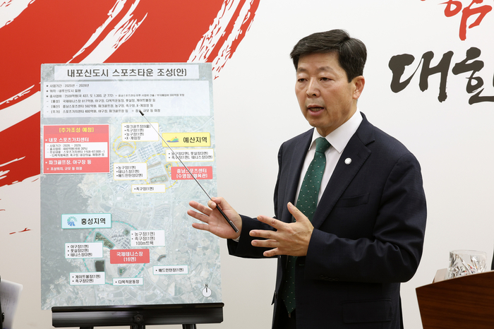 박정주 도 행정부지사가 17일 도청 프레스센터에서 내포신도시 스포츠타운 조성 계획을 설명했다.