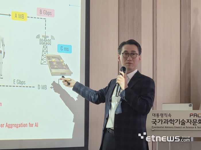 최성호 정보통신기획평가원(IITP) PM이 '피지컬AI 핵심 인프라로서 AI-RAN'에 대해 발표하고 있다.