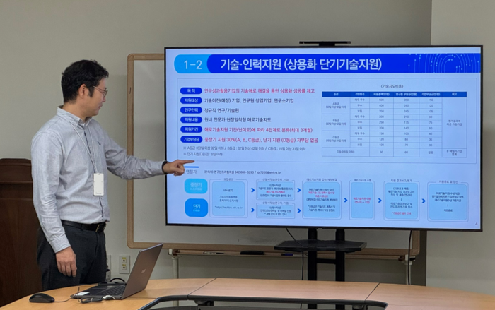 ETRI 연구진이 ETRI의 상용화단기기술지원(애로기술지원)사업에 관해 설명하는 모습
