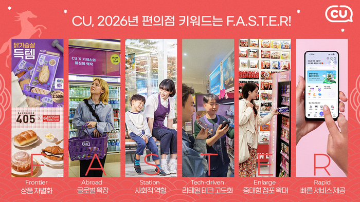 CU는 오는 2026년 병오년 붉은 말의 해를 맞아 편의점 산업의 핵심 키워드를 'FASTER'로 정했다.