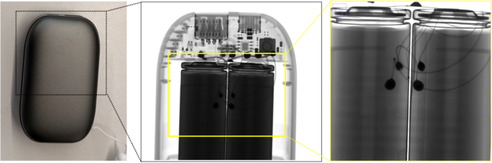 휴대용 보조배터리 내부 엑스레이 비파괴 검사 결과. (왼쪽부터) 휴대용 보조배터리 외관 예시, 엑스레이 비파괴 검사로 확인한 내부 구조, 내부 이상 부위를 확대한 영상. 외관으로는 확인하기 어려운 셀 상단부 내부 이물 및 이상이 단계적으로 식별된다. 사진=씨에이티빔텍